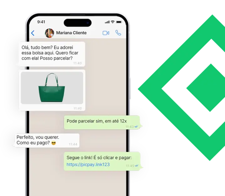 Celular mostrando como vender utilizando o Link de pagamento.